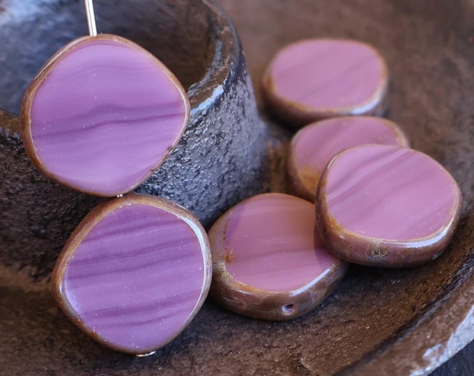 15mm Coin Opaque Purple Picasso Beads 6 Czech Picasso Beads Czech Glass Beads