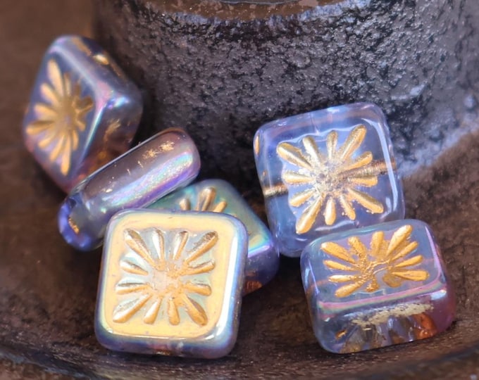 Czech Glass Beads 10mm Square Beads Blue Lavender Marea Picasso - 8