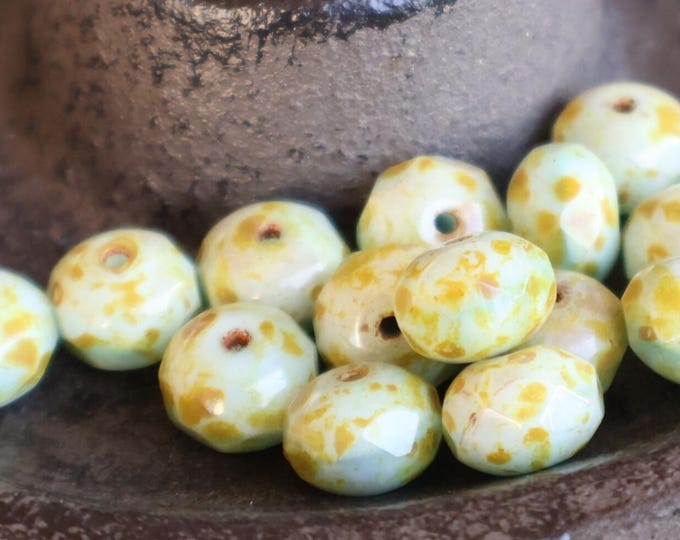 Czech Glass Beads Faceted Rondelle Antique Green Full Picasso 9mm - 12 Beads (BX 10 - 20)