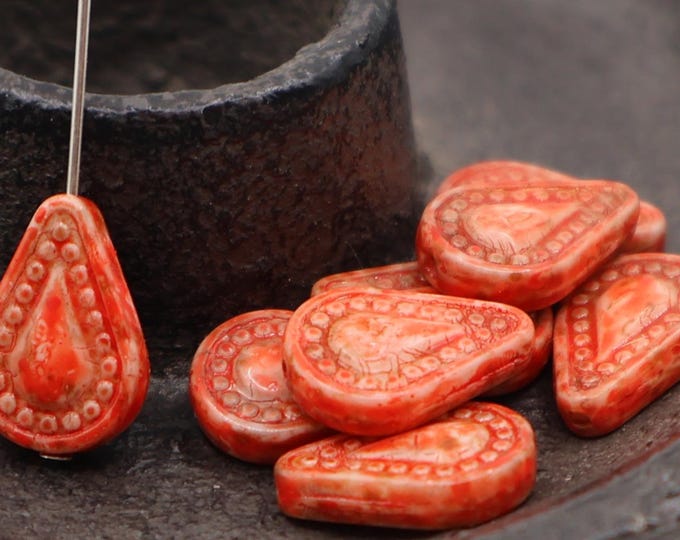 8 - Czech Paisley Tear Drop Bead Brick Orange Picasso