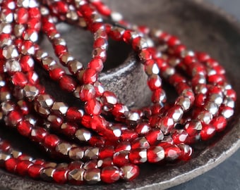 4mm Czech Glass Beads Firepolished Faceted - Ruby Red Platinum Picasso