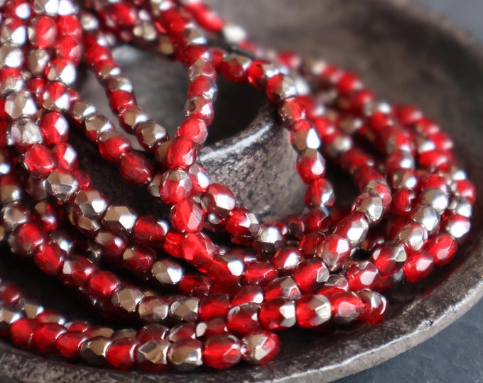 4mm Czech Glass Beads Firepolished Faceted - Ruby Red Platinum Picasso