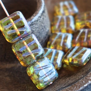 Czech Picasso Beads - 10mm Square Table Cut Beads - Aqua Picasso 10 pc