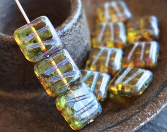 Czech Picasso Beads - 10mm Square Table Cut Beads - Aqua Picasso 10 pc ( 12 - 9)