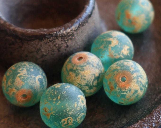 Quiet Sky Copper Patina 11mm Picasso Round Aqua Picasso -  Czech Glass Beads - Smooth Round Bead