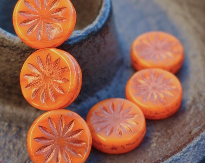 6 Aster Flower Bead Czech Glass Bead 12mm Coin Opal Orange Copper Picasso Jewelry Making Supplies