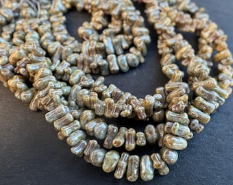 Full Strand Czech Pressed Glass Coral Shaped Beads Opaque Antique Green Luster Picasso 6mm 12 - 27