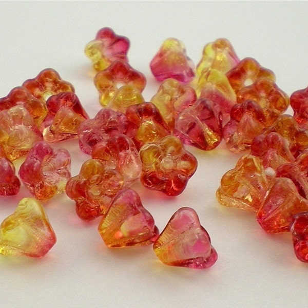 25 Czech Glass Baby Bell Flowers Fuschia/Lemon Coated 4x6mm