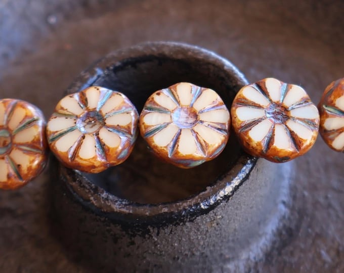 Czech Picasso Bead  Czech Glass Beads 13mm Opaque Beige Picasso  6 pcs