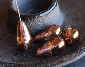 Czech Glass Beads - 4 Large Tear Drop Beads Pink Bronze Luster 18x11mm (BX 12 - 27)