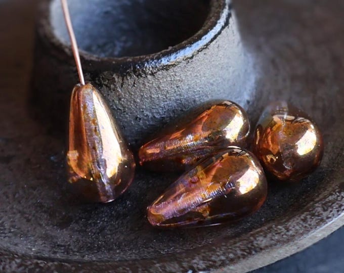 Czech Glass Beads - 4 Large Tear Drop Beads Pink Bronze Luster 18x11mm (BX 12 - 27)