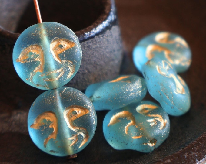 6 - 13mm Moon Face Bead - Czech Glass Bead - Matte Aqua Blue Gold Picasso