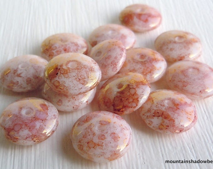 Czech Glass Beads - Opaque Pink Topaz Luster Picasso - Round Flat Spacer Bead 10mm - 12 pcs (BX  6 - 14)