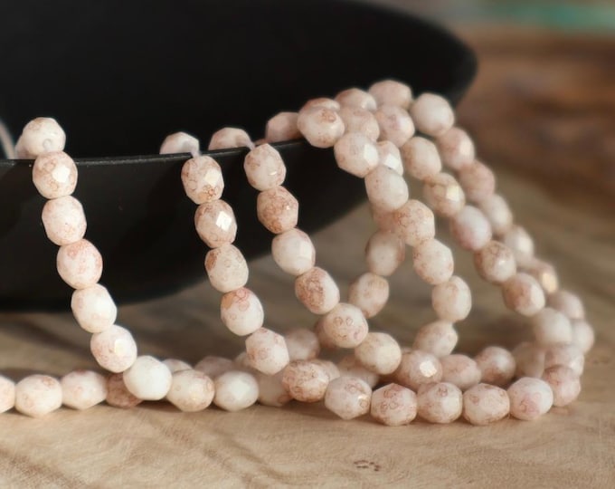 50 4mm Czech Firepolished Faceted Beads Luster Opaque White/Pink 7 - 12