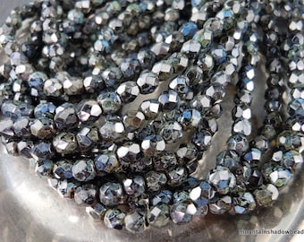 Czech Glass Beads 4mm Faceted Round Opaque Jet Picasso 50 4 - 9 Beads for Jewelry Making