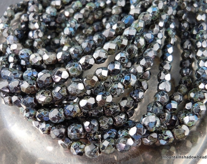 Czech Glass Beads 4mm Faceted Round Opaque Jet Picasso 50 4 - 9 Beads for Jewelry Making