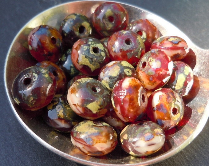 12 8x5mm Czech Glass Beads Faceted Rondelle Ruby/Cream Picasso BX 12 - 9