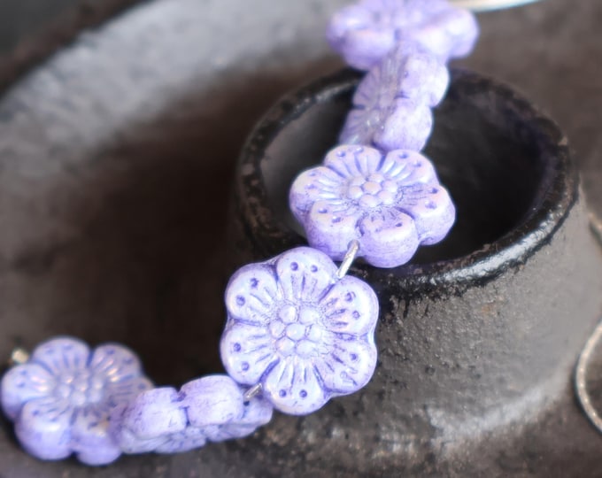 6 Czech Glass Flower Bead - 14mm Wild Rose Bead - Lavender Picasso