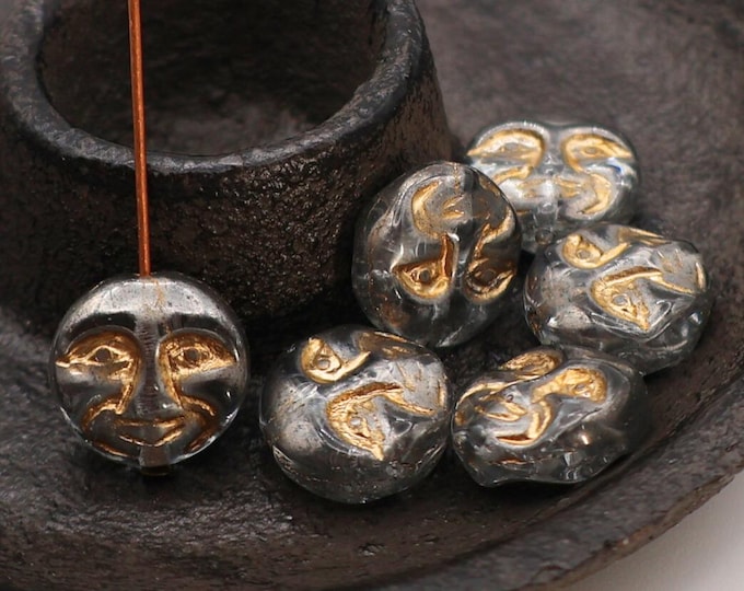 6 - 13mm Moon Face Bead - Czech Glass Bead - Grey Gold Picasso