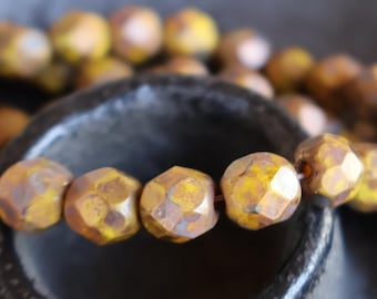 6mm Czech Picasso Bronze Glass Beads Firepolished Faceted - Copper Alchemy (1 - 4)