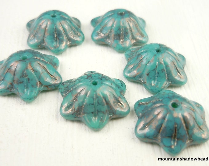6 Turquoise Picasso 12mm Cup Flowers - Czech Glass Beads (BX 12 - 7)