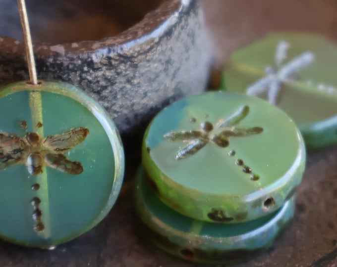 Green Dragonfly Beads - Czech Glass Beads, Picasso Czech Beads, Table Cut Coin Beads