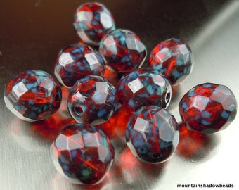 10mm Firepolished Faceted Round Beads Ruby Picasso Czech Glass Beads - 8 (BX 10 - 20)