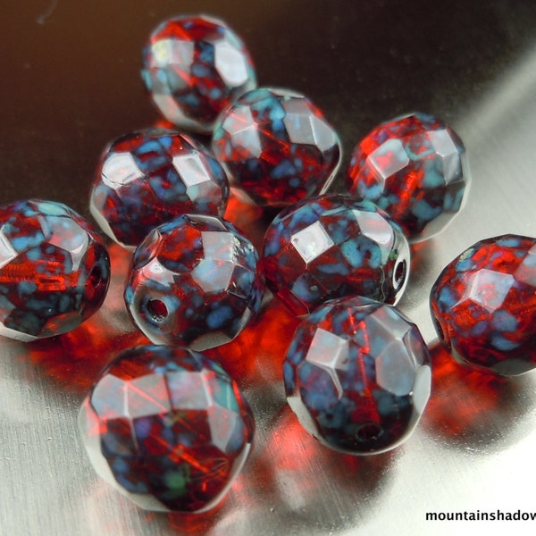 10mm Firepolished Faceted Round Beads Ruby Picasso Czech Glass Beads - 8 (BX 10 - 20)