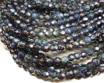 Czech Glass Beads 4mm Faceted Round Sapphire Picasso - Picasso Czech Beads - 50 pcs 4 - 9