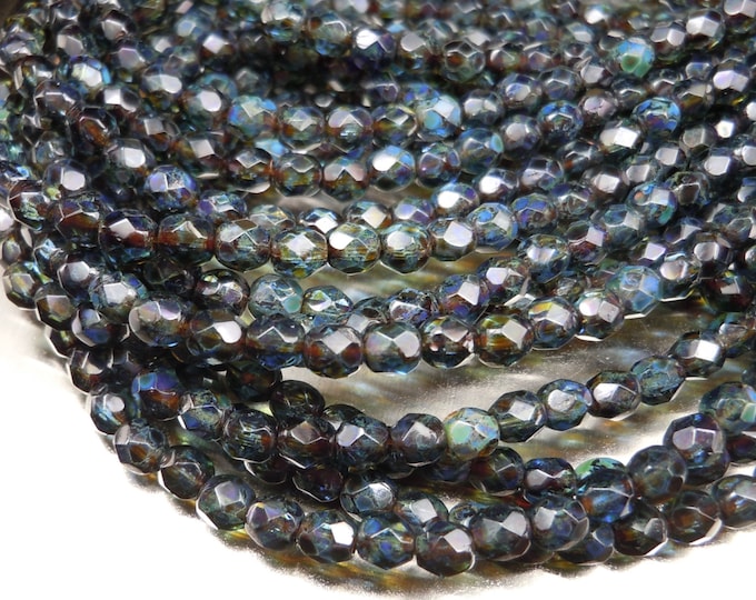 Czech Glass Beads 4mm Faceted Round Sapphire Picasso - Picasso Czech Beads - 50 pcs 4 - 9