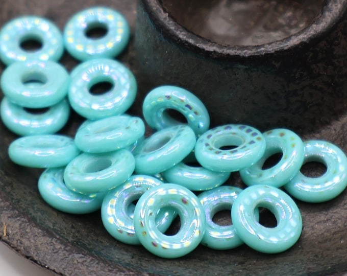 12 Czech Glass 9mm Donut Beads Turquoise Peacock (BX 9 - 5)