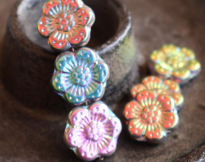 6 Czech Glass Flower Bead - 14mm Wild Rose Bead - Metallic Marea