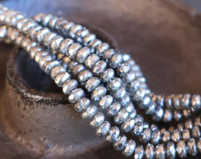 30 2x3mm Firepolished Faceted Rondelle - 30 Czech Glass Beads Antique Silver