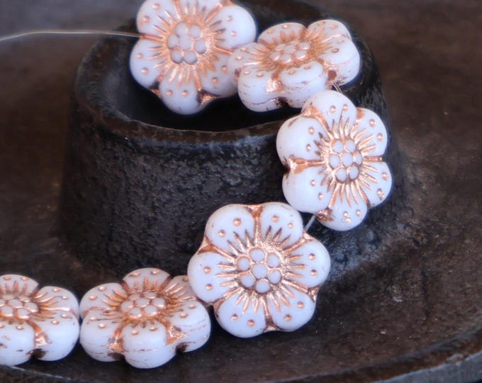 6 Czech Glass Flower Bead - 14mm Wild Rose Bead - White Gold Picasso