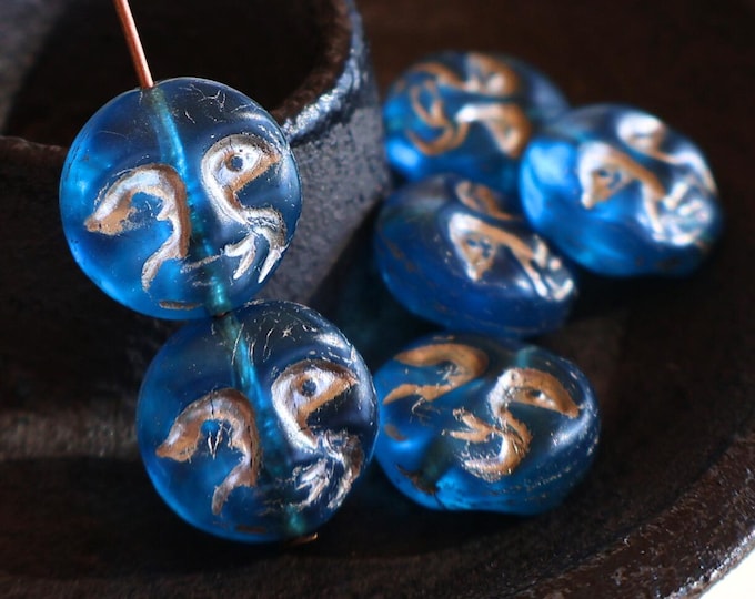 6 - 13mm Moon Face Bead - Czech Glass Bead - Matte Sapphire Blue Platinum Picasso