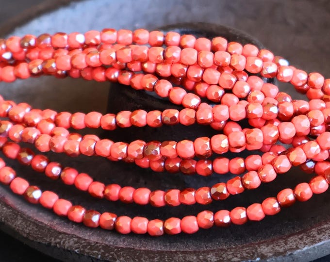 50 3mm Czech Glass Beads - Celsian Opaque Coral Jewelry and Beading Supplies