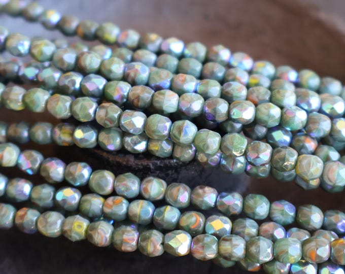 Moss Aura Picasso 4mm Czech Beads -  Firepolished Faceted 50 pcs