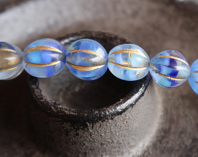 9mm Czech Glass Melon Beads Crystal Blue Gold Picasso - 8 Beads