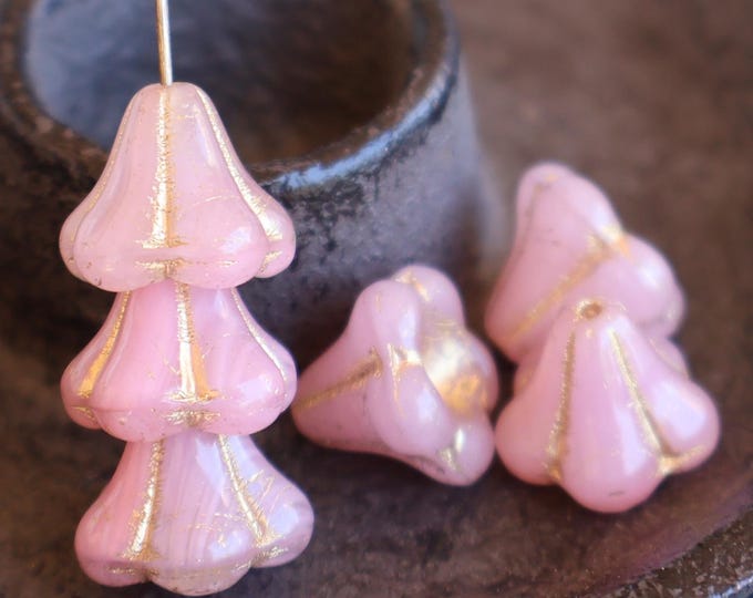 8  Czech Glass Beads - 13mm Pink Crystal Gold Picasso Bell Flower