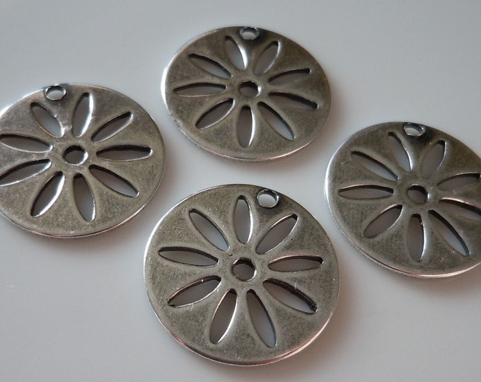 4 Brass Flower 16mm Disk Pendant Antique Silver Finish 12 - 7