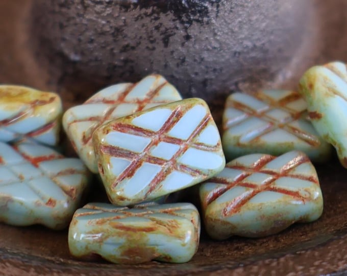 10 Czech Picasso Bead Opaque Turquoise Picasso Czech Glass Bead Rectangle 13mm BX