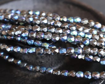 4mm Czech Beads - Northern Lights Frosted Aurora - Firepolished Faceted 50 pcs (BX 8 - 26)