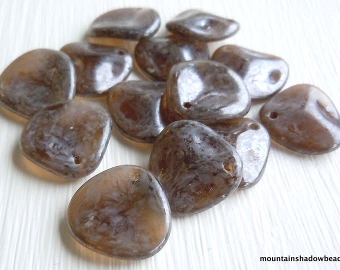 Czech Glass Beads - 12 Glass 14mm Rose Petal Beads Milky Topaz Stone Picasso Finish (BX 12 - 13)