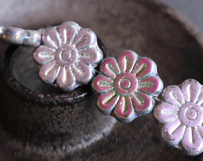 Large Flower Bead Czech Picasso Beads Marea Purple Spindle Bead 18mm  Blue