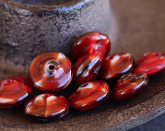 10 Saucer Bead -  Czech Glass Beads - Red Striped 10x6mm -  11 - 24