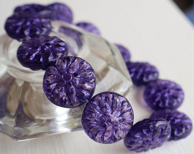 14mm Czech Glass Dahlia Beads - 6 Crystal Tanzanite
