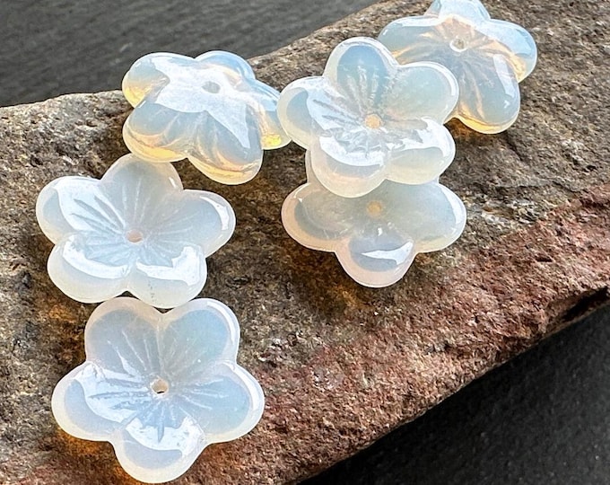 6 16mm Czech Pressed Glass Large Flat Flowers Milky White Button Flower (12 - 6)