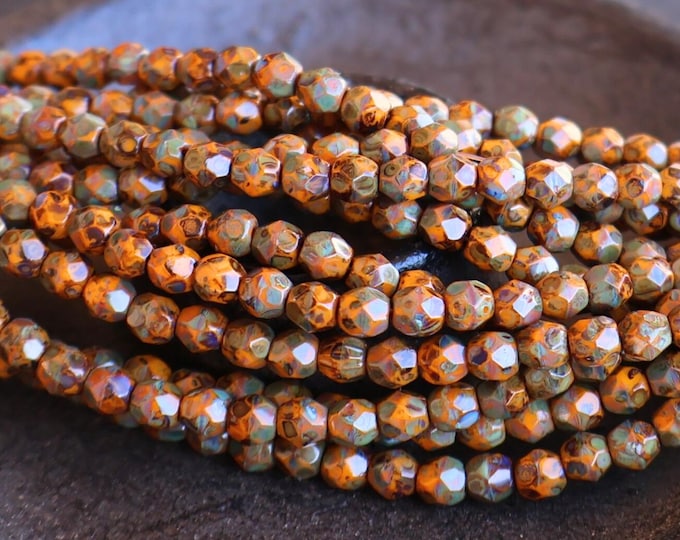 Wild Pumpkin Spice Picasso 4mm Czech Beads -  Firepolished Faceted 50 pcs (BX 8 - 26)