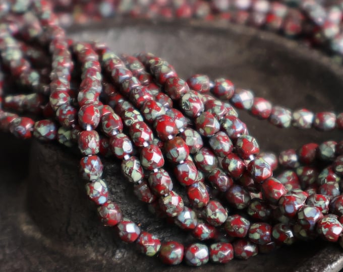 4mm Czech Glass Beads Firepolished Faceted - Opaque Red Picasso
