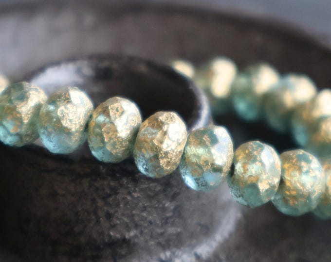 12 Czech Glass Beads 9x6mm Aqua Gold Stone Picasso